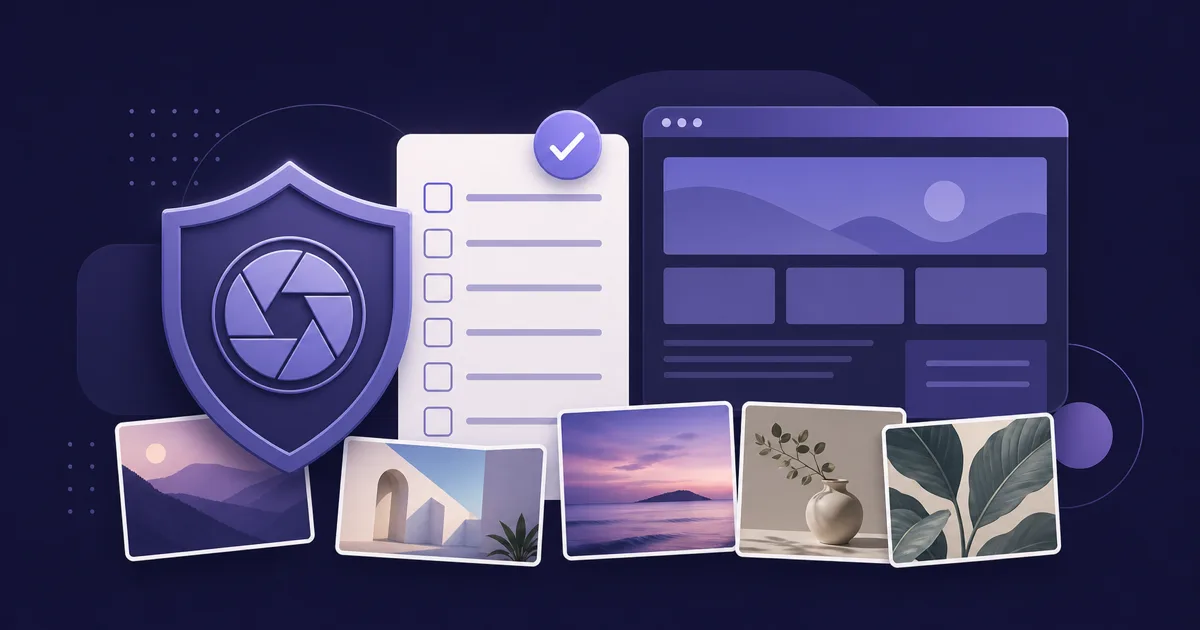 Illustration of a business website with image licences, a copyright shield and safe photo sources