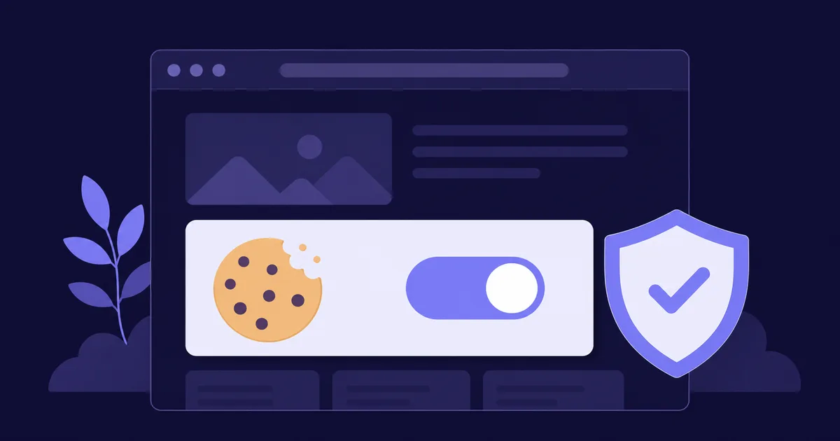 Illustration: Browserfenster mit Cookie-Banner-Dialog, großem Cookie-Symbol mit Schalter und Schutzschild — Sinnbild für die Cookie-Einwilligung auf Websites