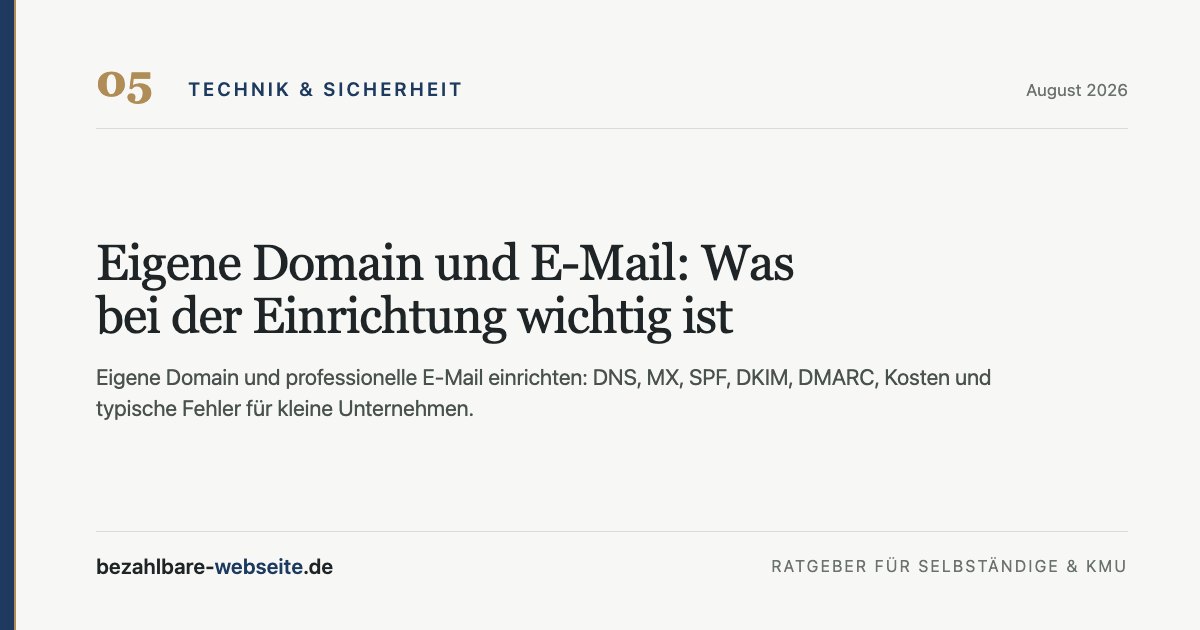Domain, posta kutusu, DNS ve güvenlik kalkanı içeren profesyonel e-posta kurulumunun editoryal illüstrasyonu