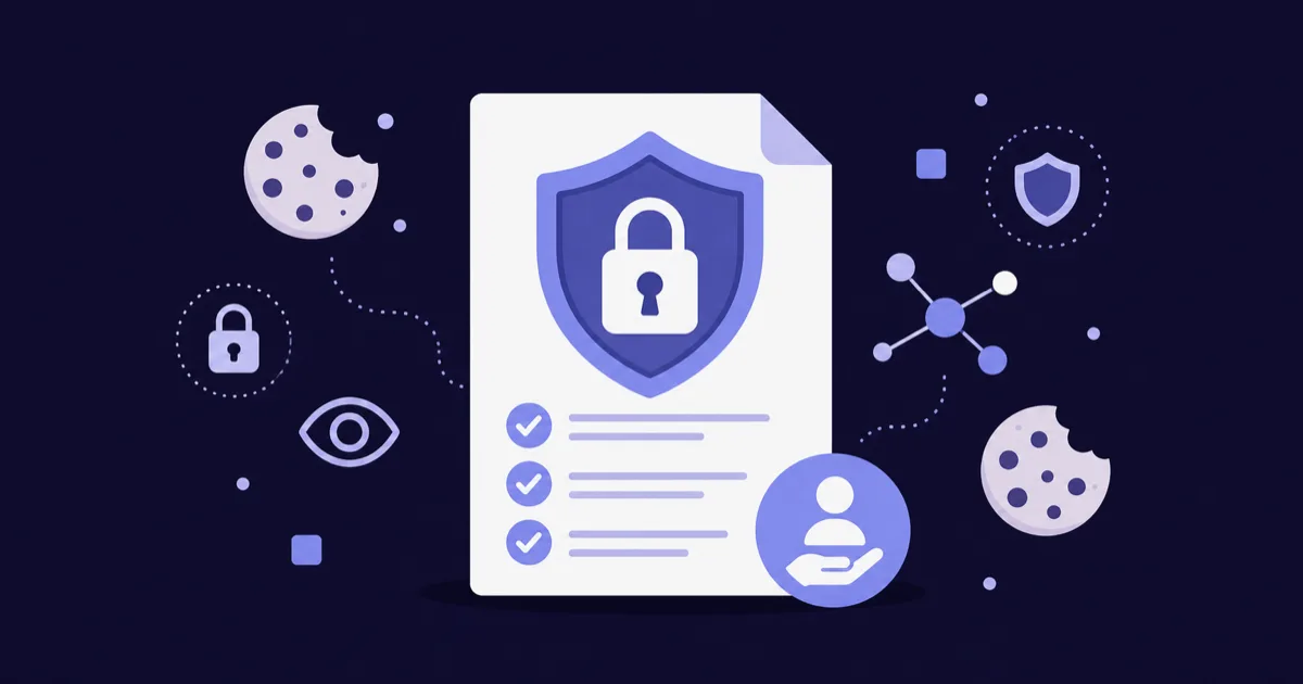 Illustration: Dokument mit Schutzschild und Schloss, umgeben von Cookie- und Datensymbolen — Sinnbild für die Datenschutzerklärung einer Website