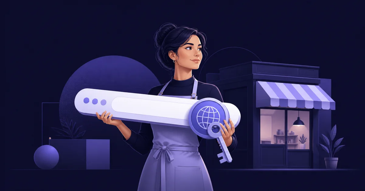 Editoriale Illustration einer Firmeninhaberin, die eine Webadresse wie einen digitalen Schlüssel kontrolliert