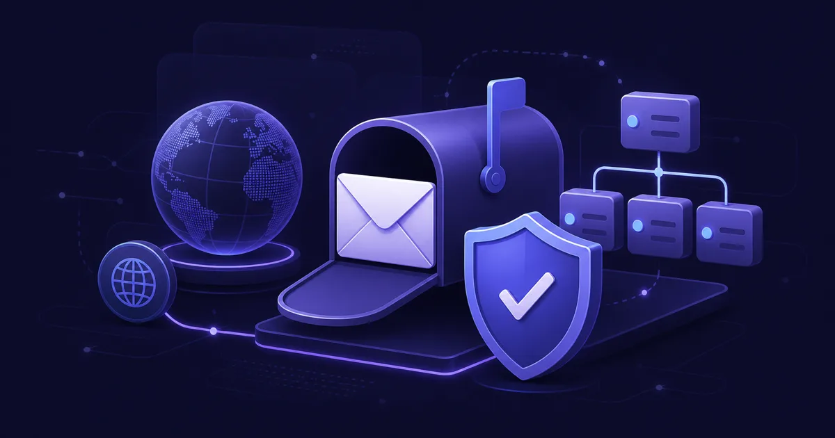 Редакционная иллюстрация профессиональной настройки E-Mail с доменом, почтовым ящиком, DNS и защитой