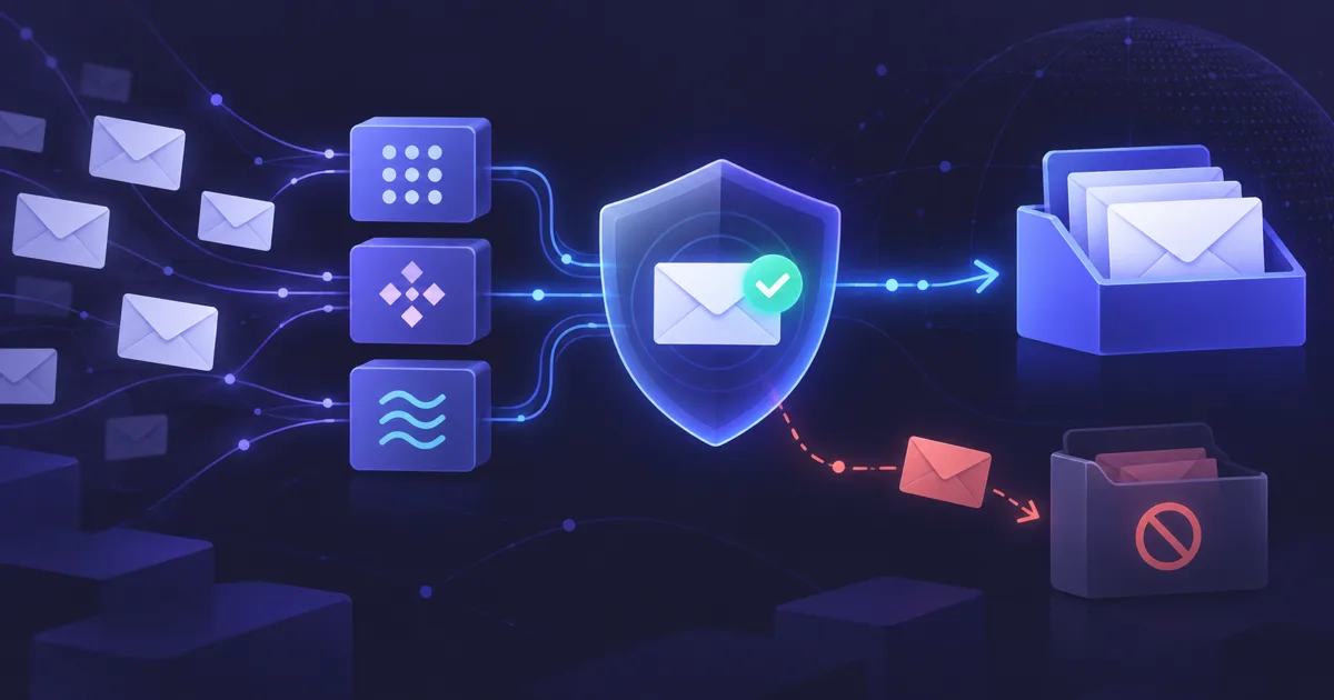 Editoriale Illustration zu E-Mail-Zustellbarkeit mit Posteingang, Spam-Ordner, DNS-Bausteinen und Sicherheitsschild