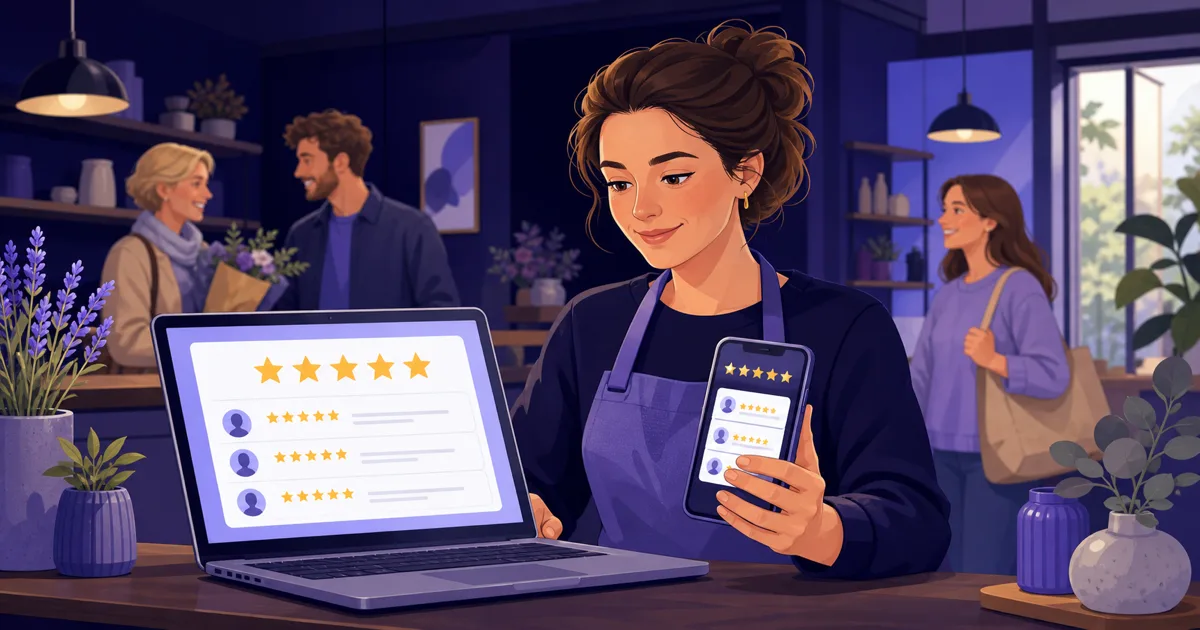 Illustration eines kleinen Unternehmens, das Google-Sternebewertungen auf Laptop und Smartphone prüft