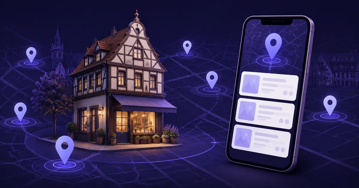 Editorial Illustration einer lokalen Google-Maps-Suche mit Ladengeschäft, Karten-Markierungen und Smartphone in dunkler Indigo-Palette