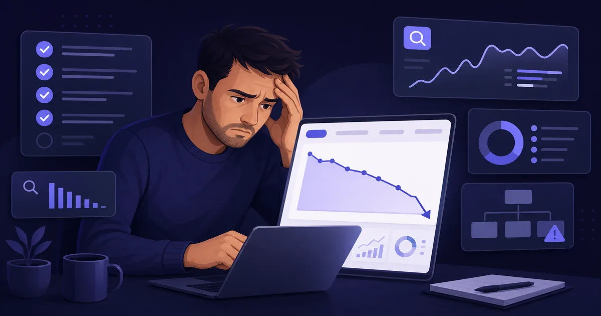Иллюстрация предпринимателя у ноутбука с падающим графиком Google-Ranking и SEO-чек-листом