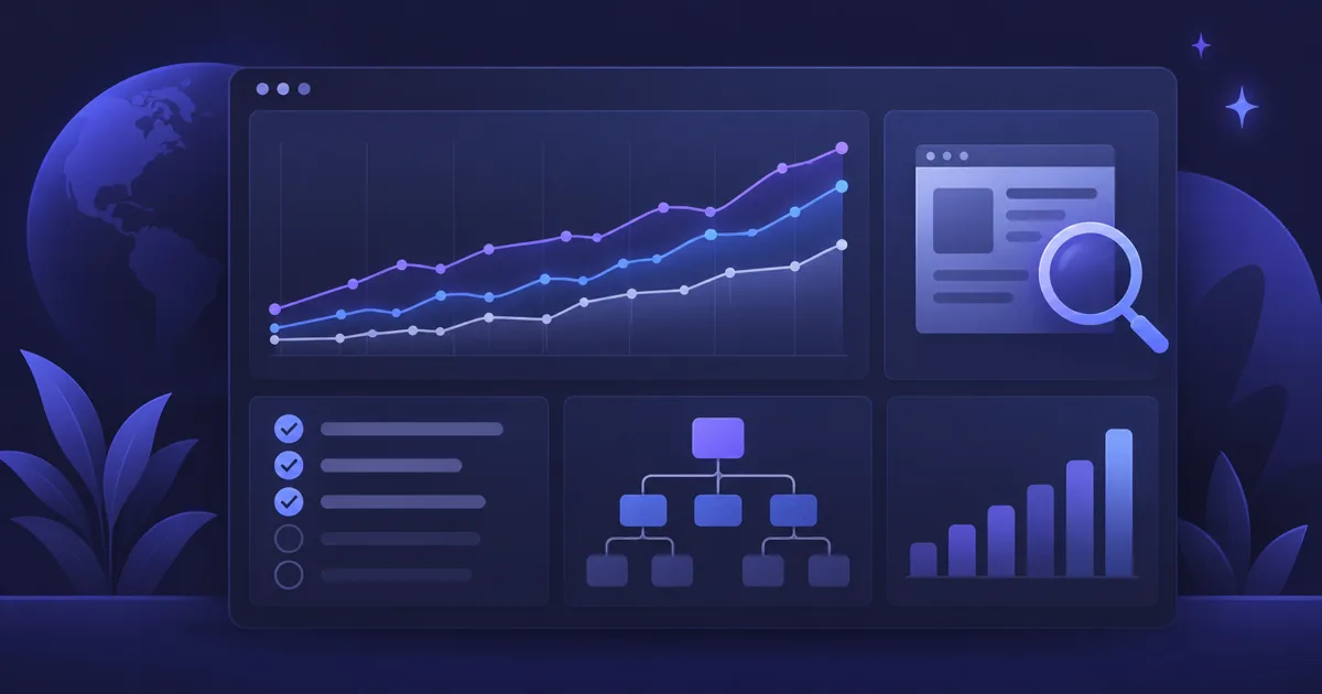 Editorial illustration of a Search Console dashboard with charts, sitemap and URL inspection