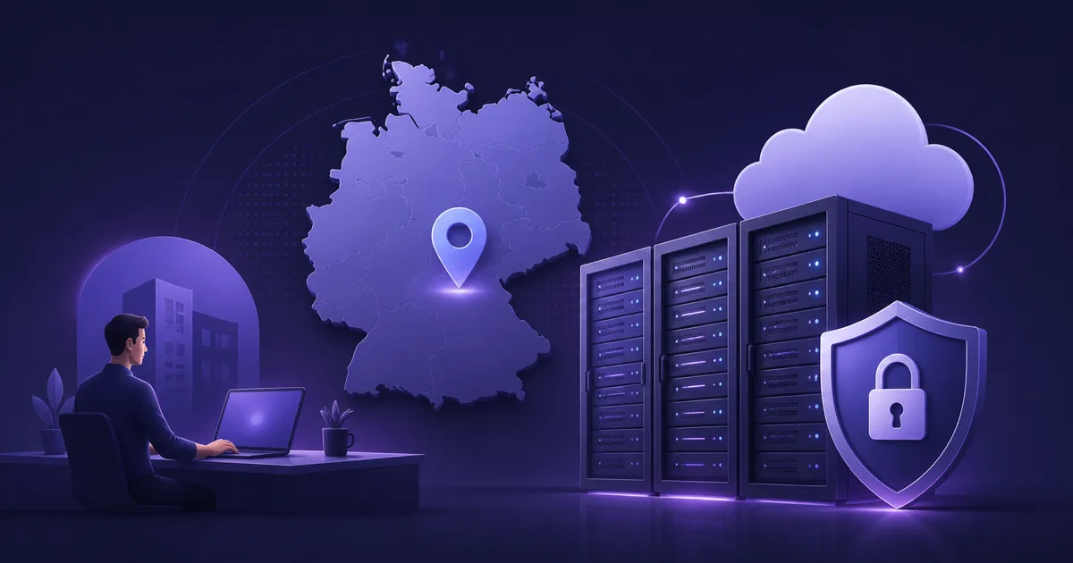 Editoriale Illustration von sicheren Servern in Deutschland mit Cloud- und Datenschutzsymbolen