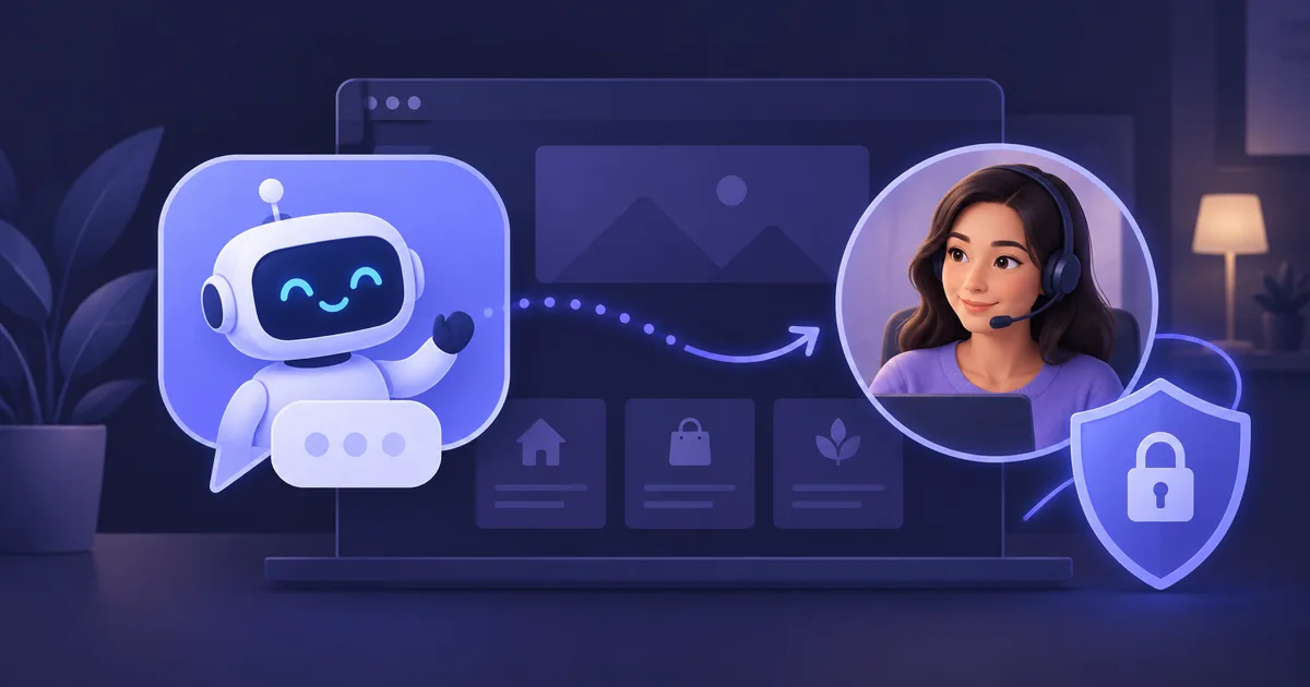 Editoriale Illustration eines KI-Chatbots auf einer Website mit Datenschutz-Schild und menschlicher Übergabe