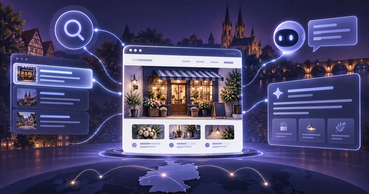 Editorial illustration of a business website becoming visible in AI search and Google AI Overviews