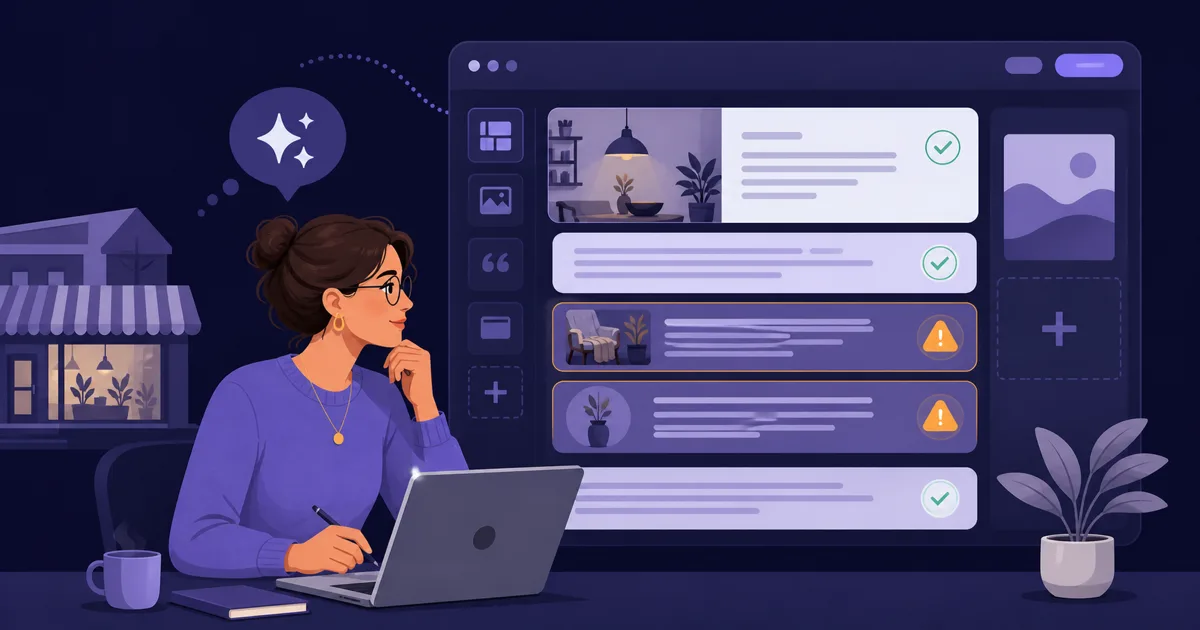 Bir kişinin AI ile üretilen website metinlerini onay işaretleri ve uyarılarla kontrol ettiği editoryal illüstrasyon