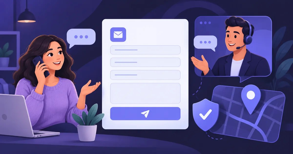 Form, telefon, harita ve güven unsurları olan optimize edilmiş iletişim sayfası illüstrasyonu