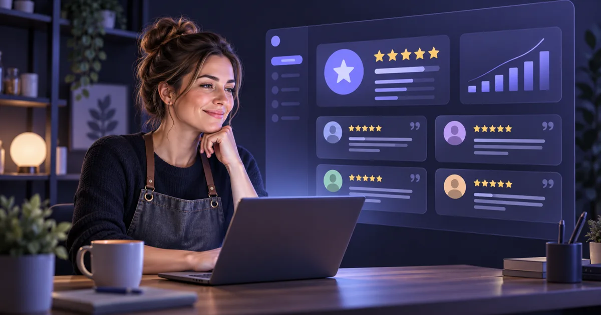 Web sitesi panelinde yıldız puanları ve müşteri yorumları olan küçük işletme illüstrasyonu