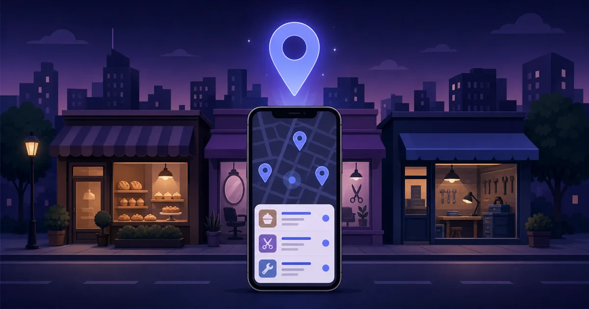 Illustration: Straßenzug mit kleinen Geschäften, darüber eine Standort-Nadel und ein Smartphone mit Kartenansicht und drei lokalen Suchergebnissen