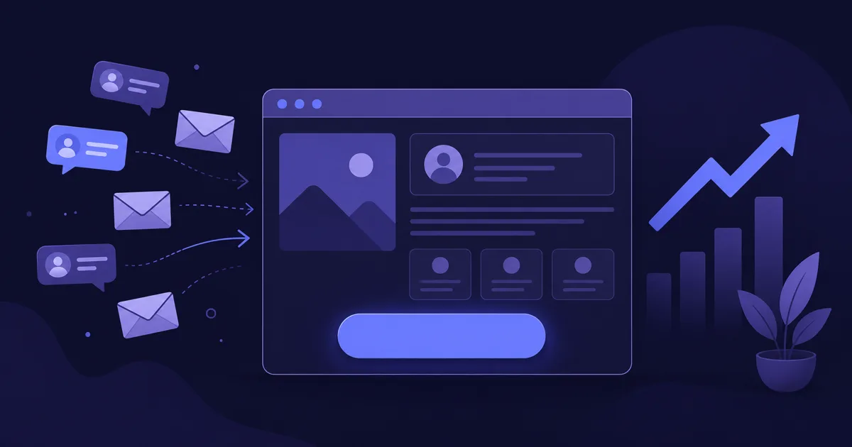 Illustration: Browserfenster mit Call-to-Action-Button, auf den Anfragen zufliegen