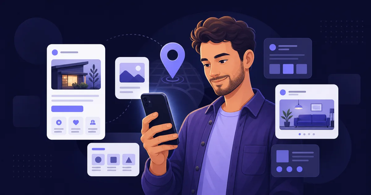 Akıllı telefon kullanan müşteri, mobil işletme web sitesi ve yerel arama simgesi illüstrasyonu