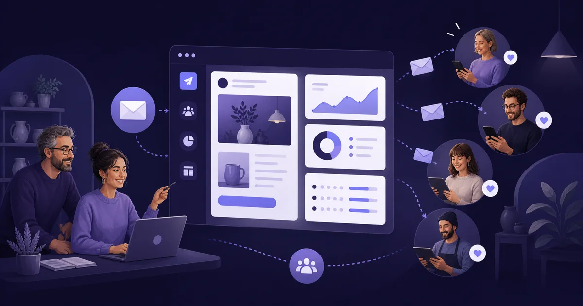 Editoriale Illustration eines Newsletter-Dashboards für kleine Unternehmen mit E-Mail-Karten und Kundenkontakten