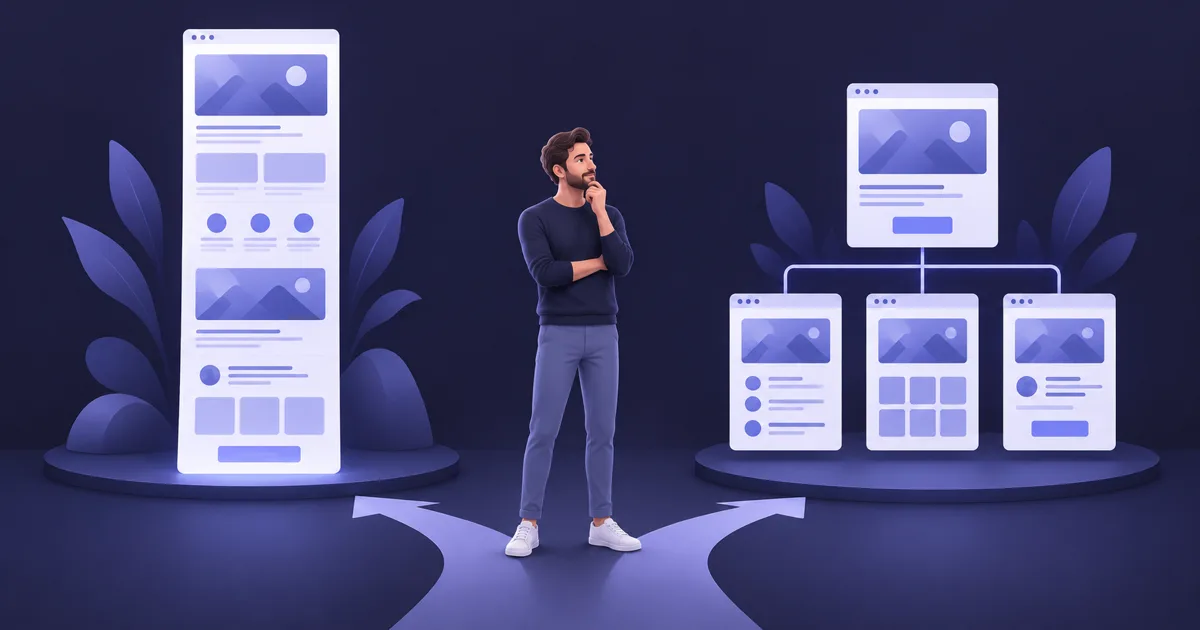 Bir işletme sahibinin one-pager ve çok sayfalı web sitesi yapısı arasında seçim yaptığı illüstrasyon