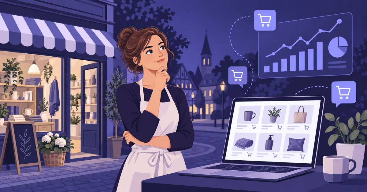 Editorial illustration of a small store with laptop product grid, cart icons and analytics dashboard