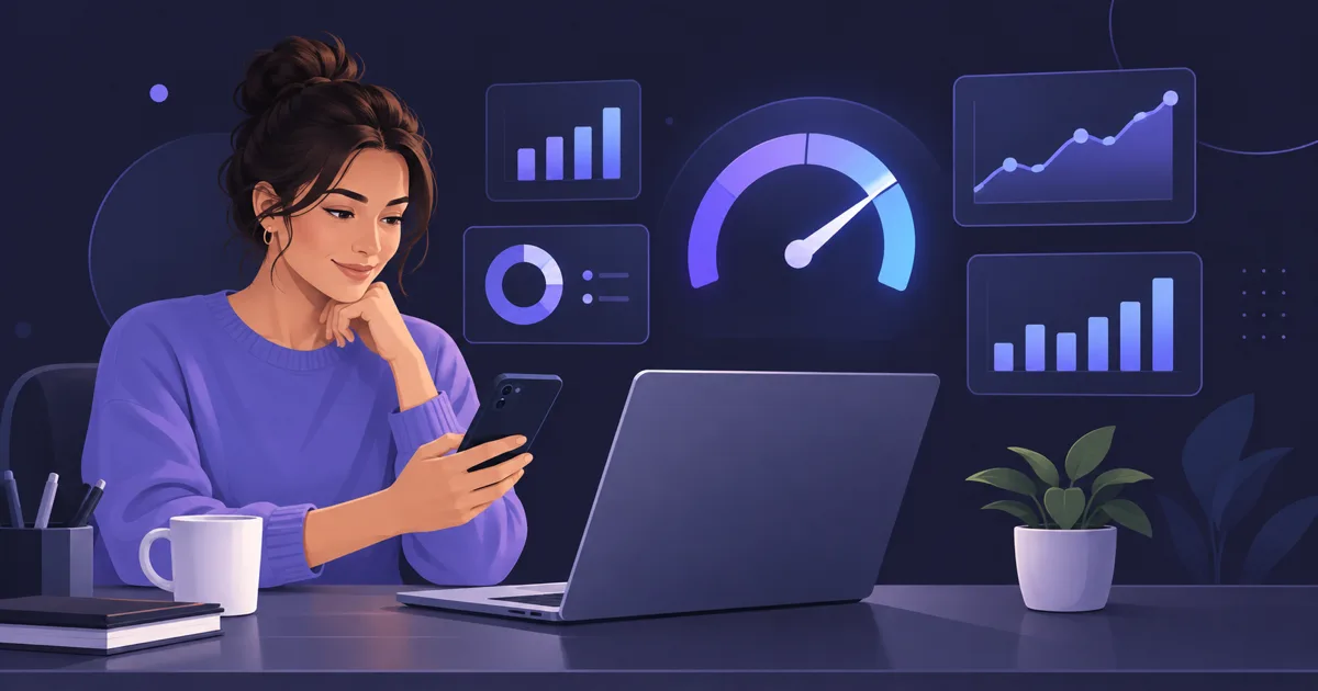 Illustration eines Unternehmers, der die Geschwindigkeit seiner Website auf Laptop und Smartphone prüft
