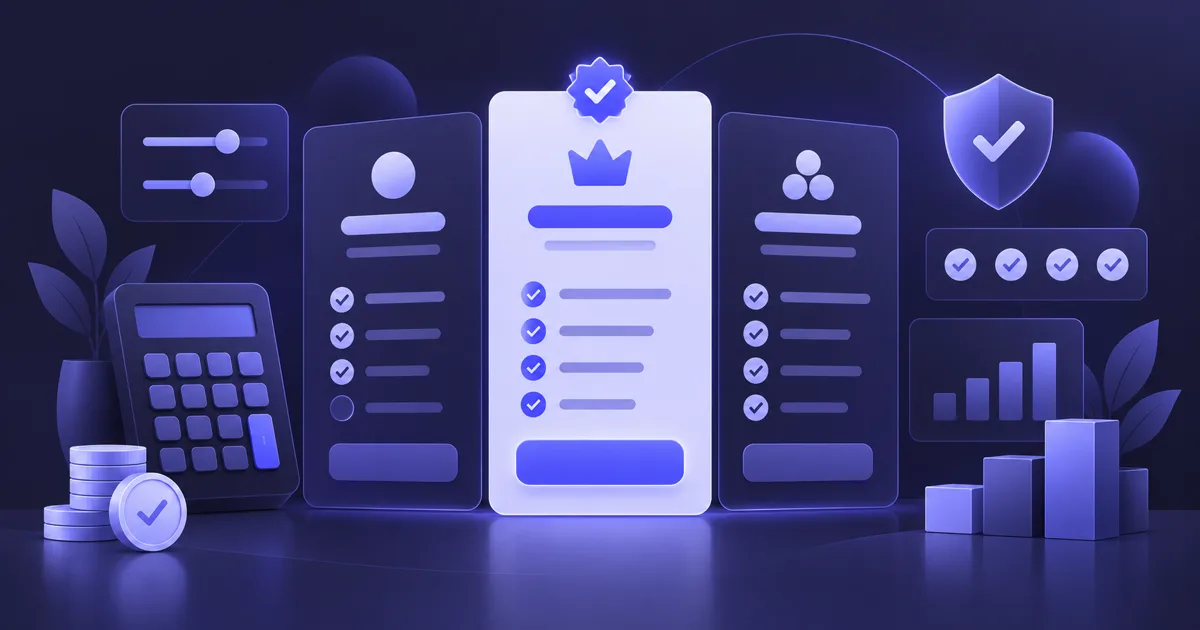Editorial Illustration einer Website mit Preiskarten, Vergleich und Vertrauenselementen