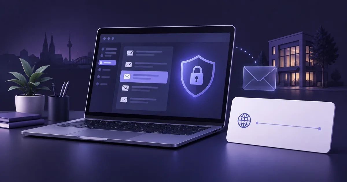 Редакционная иллюстрация защищенной деловой e-mail-адресы с ноутбуком и карточкой домена