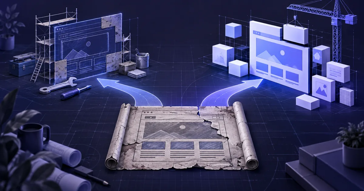 Illustration of an old website split between a repair path and a rebuild path