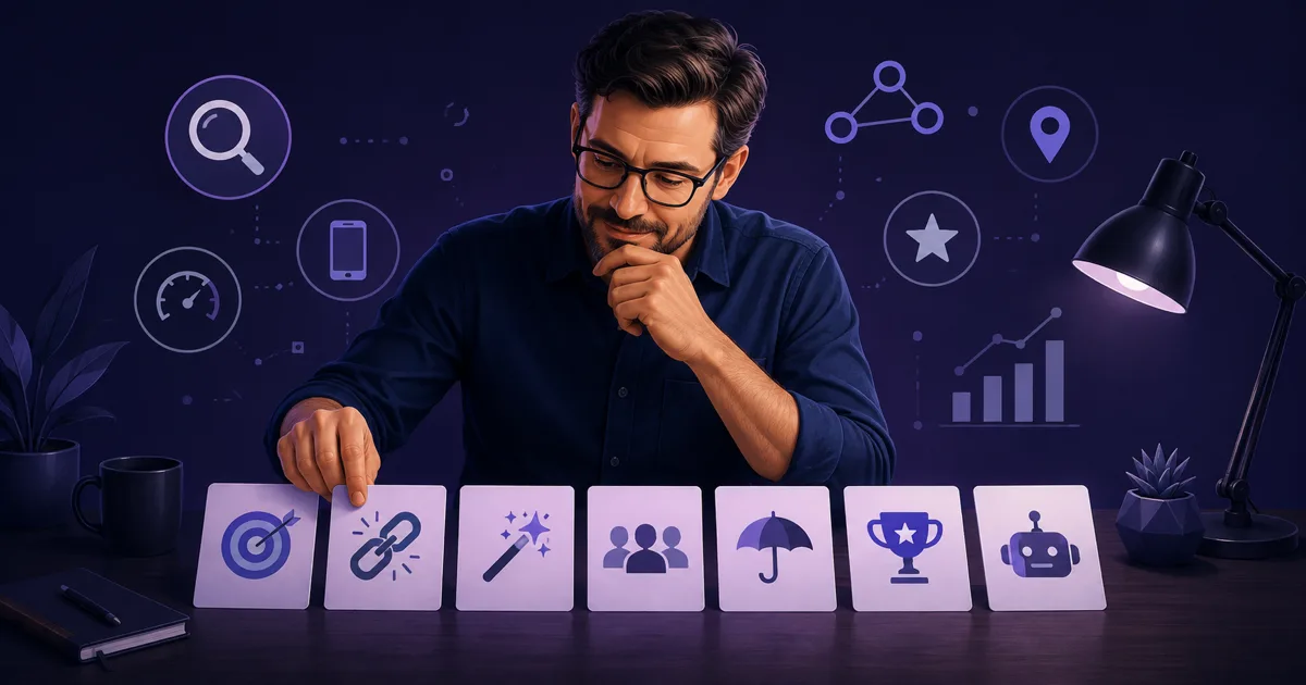 Editoriale Illustration zu SEO-Mythen mit Unternehmer, Suchsignalen und sieben Karten ohne Text