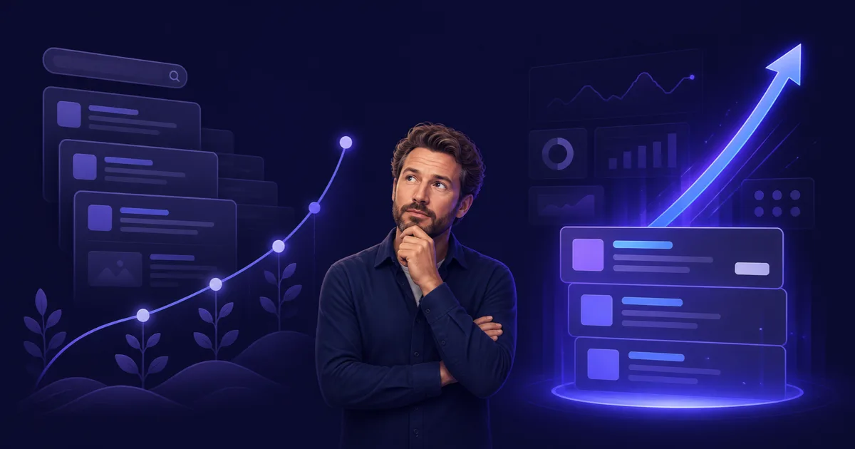 Editorial Illustration eines Kleinunternehmers zwischen SEO-Wachstum und Google-Ads-Traffic