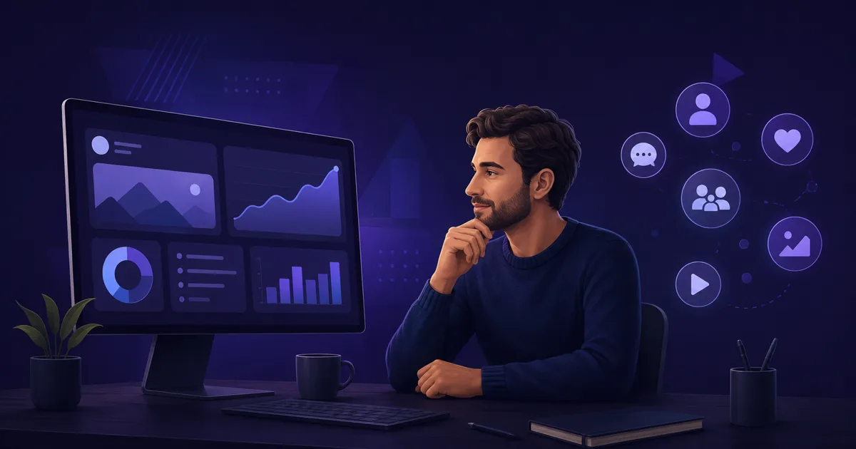 Editoriale Illustration eines kleinen Unternehmens zwischen eigener Website und Social-Media-Kanälen
