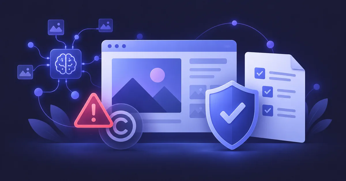 Editoriale Illustration zu KI-generierten Bildern, Urheberrecht und Website-Compliance