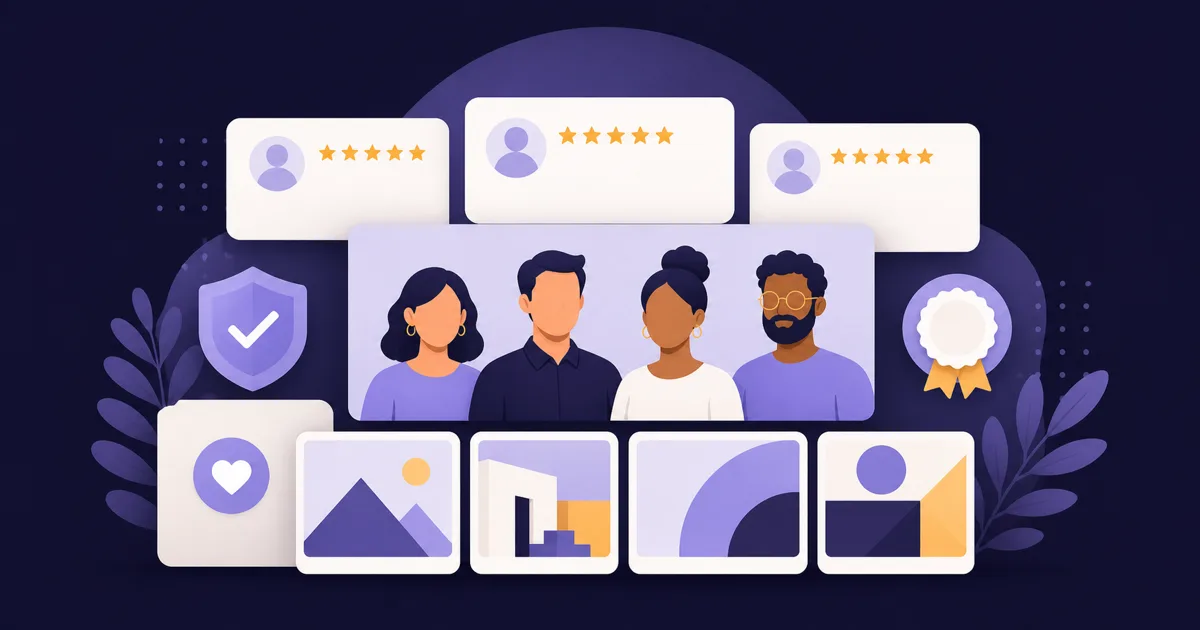 Editoriale Illustration einer Firmenwebsite mit Bewertungssternen, Referenzkarten und Teamfoto
