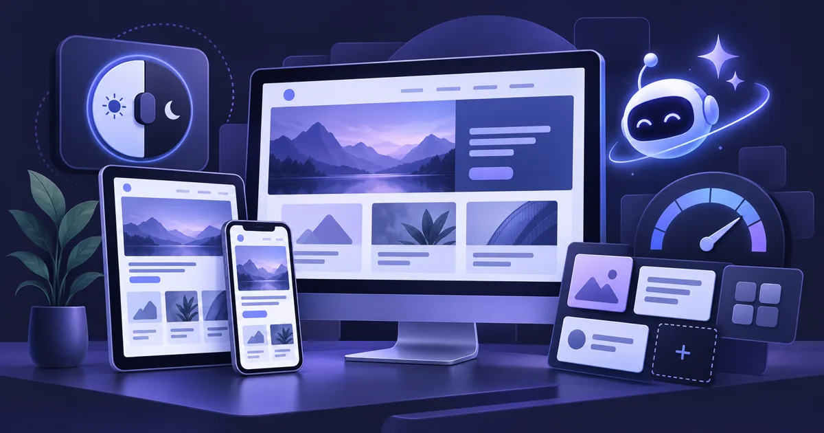 Editoriale Illustration moderner Website-Layouts mit KI-Symbol, Barrierefreiheit, Geschwindigkeit und modularen Karten