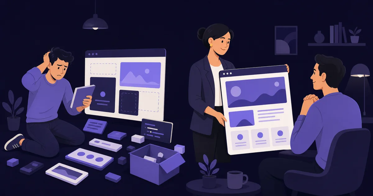 Illustration: links eine Person, die mühsam eine Website aus Bausteinen zusammensetzt, rechts ein Unternehmer, der eine fertige Website übergeben bekommt