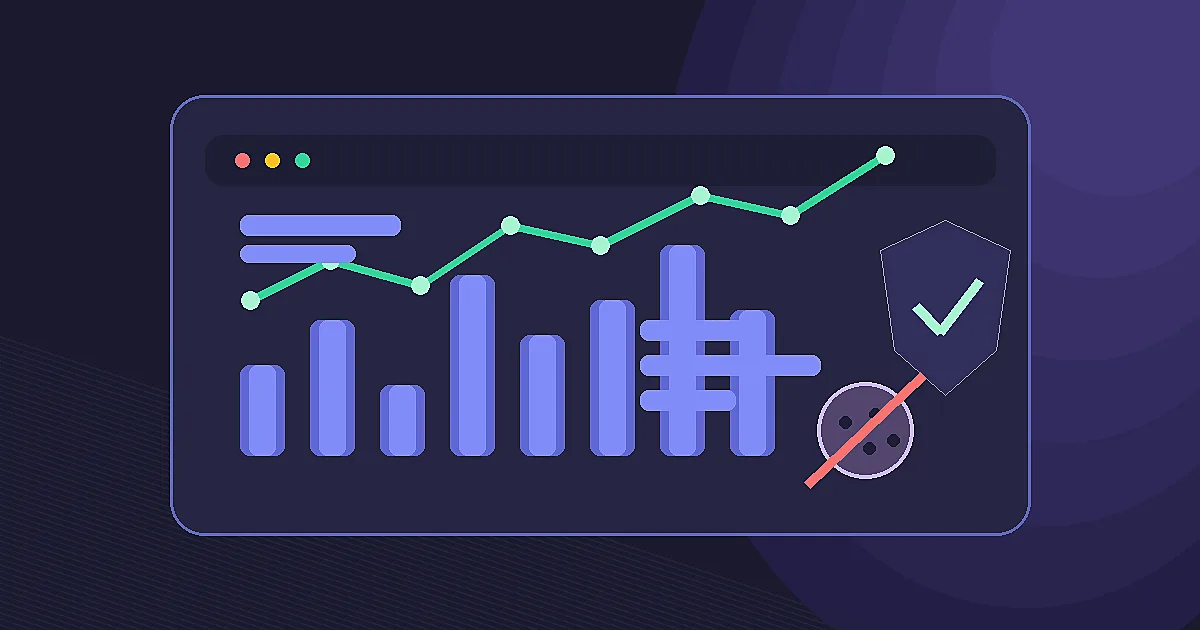 Editorial illustration of a privacy-friendly analytics dashboard with charts, shield symbol and website