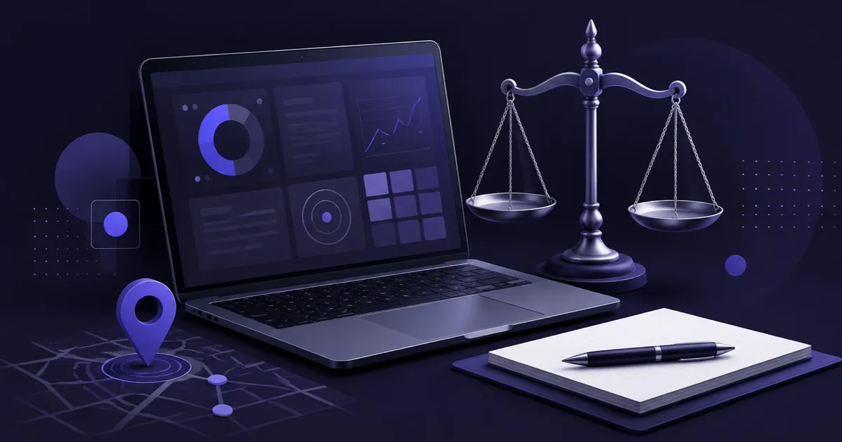 Editoriale Illustration einer Kanzlei-Website mit Laptop, Waage und Anfrage-Elementen
