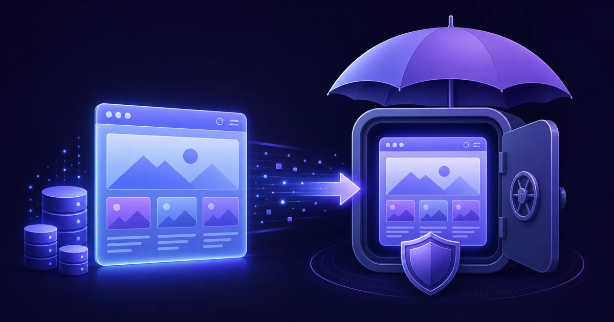 Illustration: Browserfenster wird in einen geschützten Tresor gespiegelt — Symbol für Website-Backup