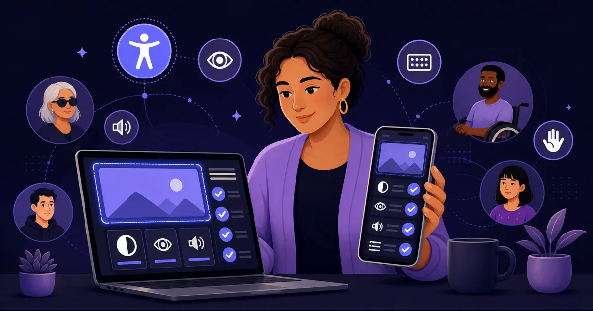 Illustration eines Unternehmers, der Barrierefreiheit einer Website auf Laptop und Smartphone prüft