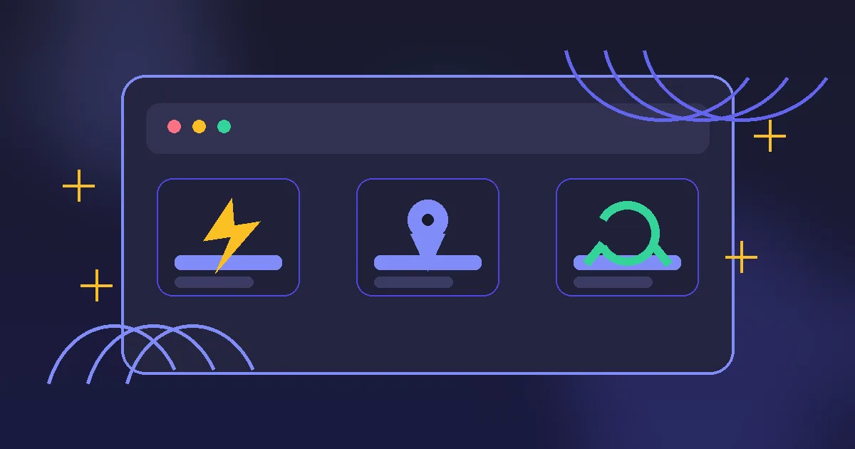 Editoriale Illustration einer Elektriker-Website mit Leistungsfeldern, Notdienst, Karte und Blitzsymbolen
