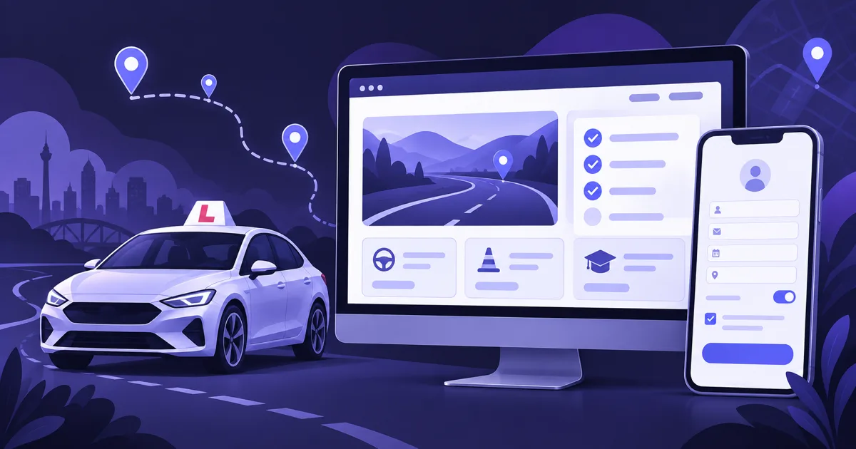 Редакционная иллюстрация сайта Fahrschule со смартфоном, desktop, учебным автомобилем, картой и формой Anmeldung