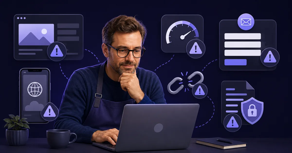 Editorial illustration of a business owner checking website errors on a laptop and phone
