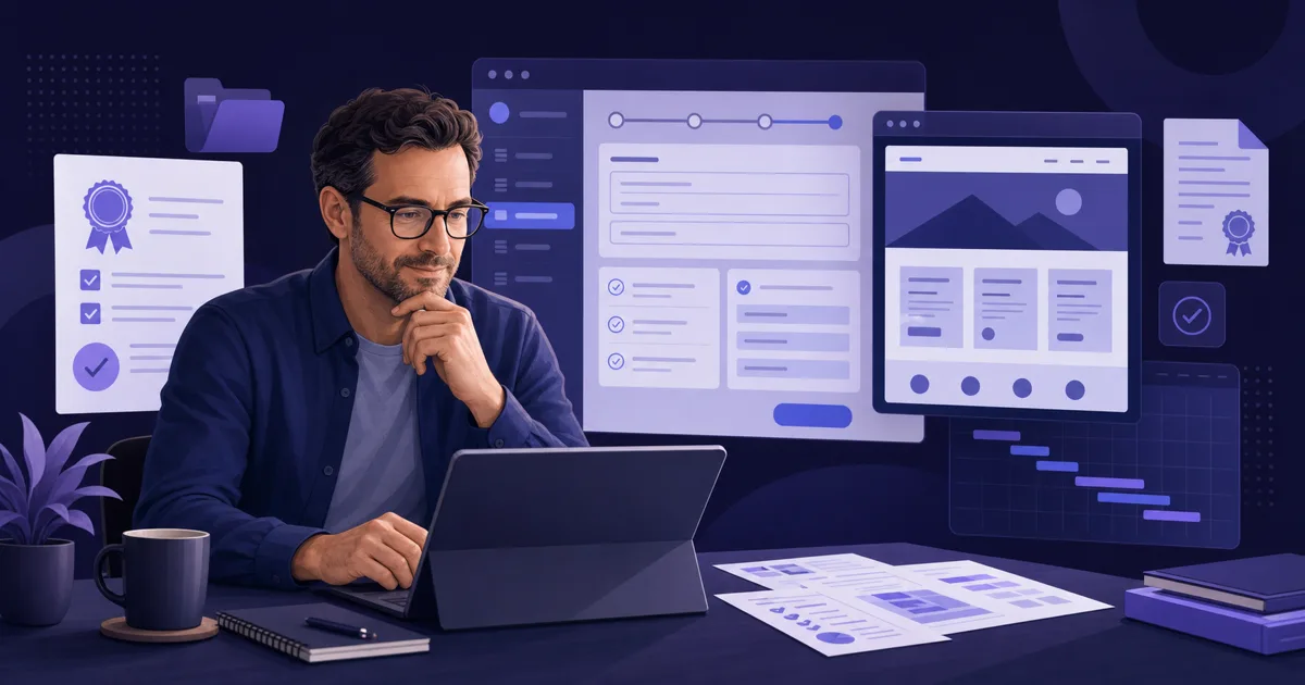 Illustration eines Kleinunternehmers bei der Planung einer Website-Förderung mit digitalen Formularen