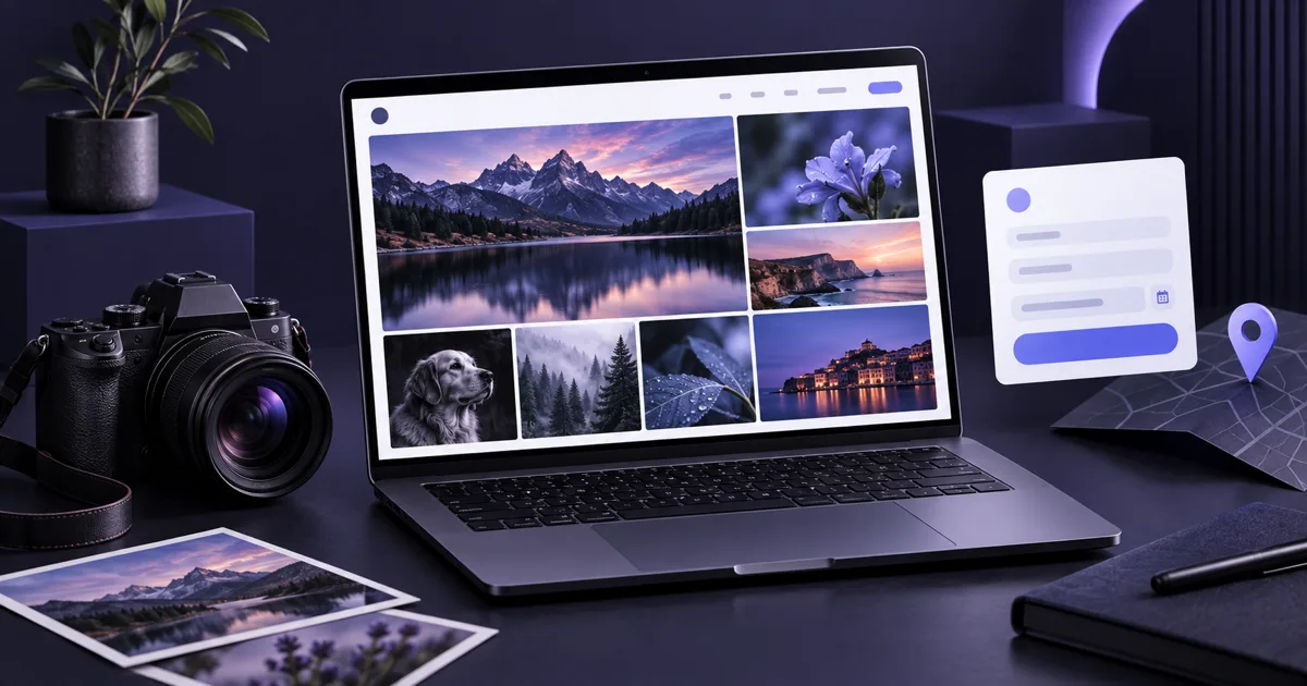 Portföy ızgarası, kamera ve Anfrage kartı olan fotoğrafçı website illüstrasyonu