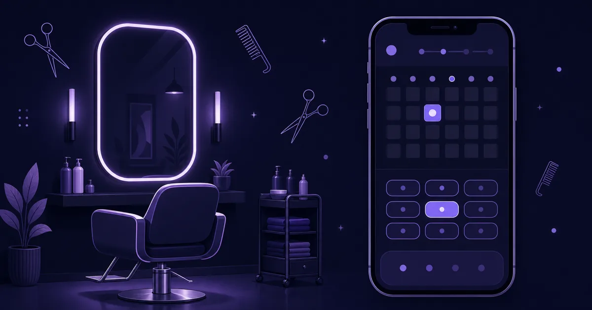 Illustration: Friseursalon mit Stuhl und Spiegel, daneben ein Smartphone mit Online-Terminbuchung und Kalenderansicht