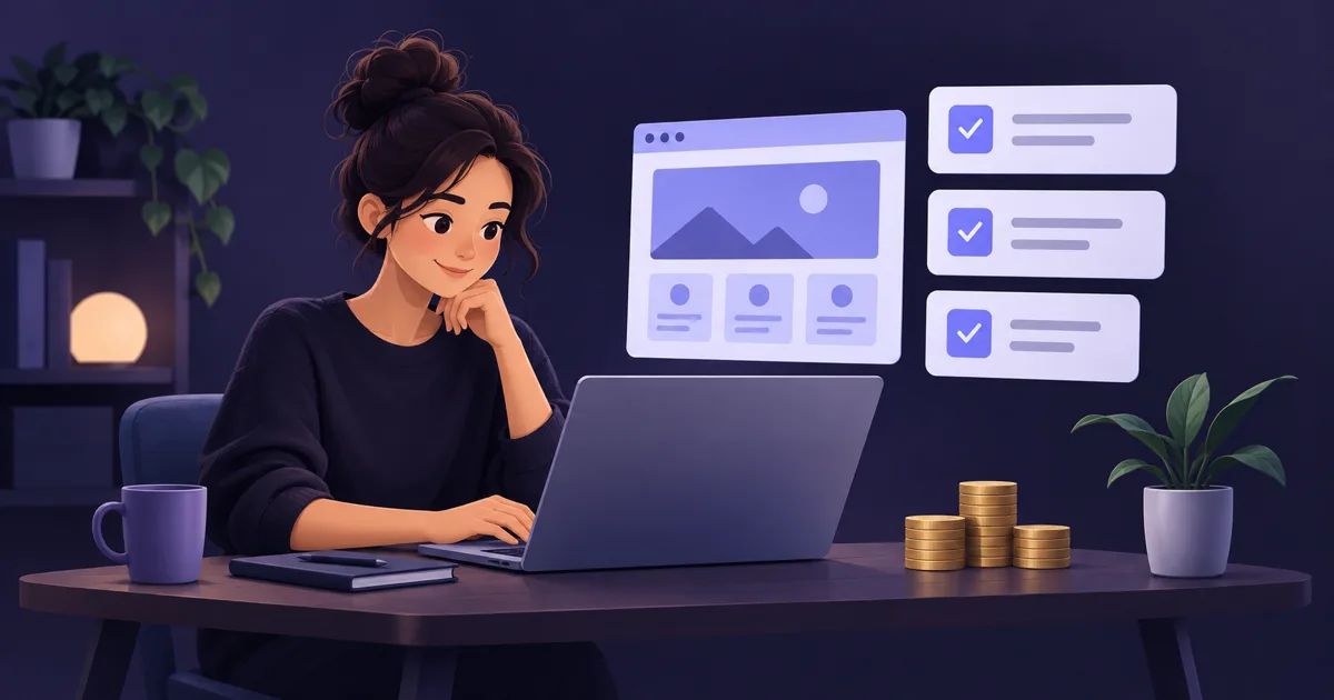 Editoriale Illustration eines Gründers, der die erste Firmenwebsite mit Budget und Checkliste plant