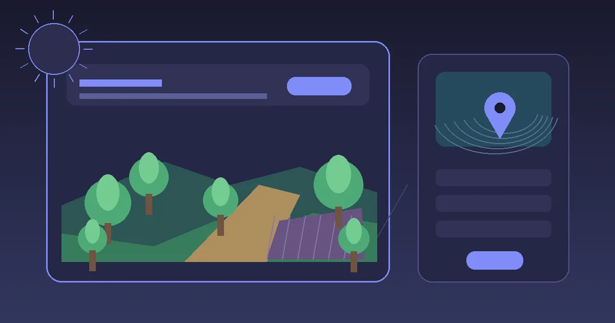 Editorial illustration of a landscaping company website with garden design, contact form and local map