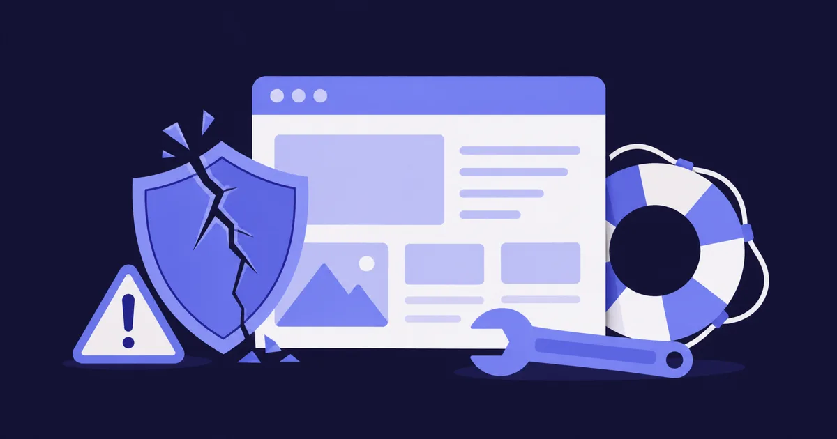 Illustration: Browserfenster mit gebrochenem Schutzschild und Warnsymbol, daneben Werkzeug und Rettungsring — Sinnbild für Erste Hilfe nach einem Website-Hack