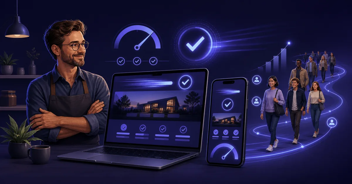 Illustration einer schnellen Firmenwebsite auf Smartphone und Laptop mit wartenden Kunden in dunkler Indigo-Palette