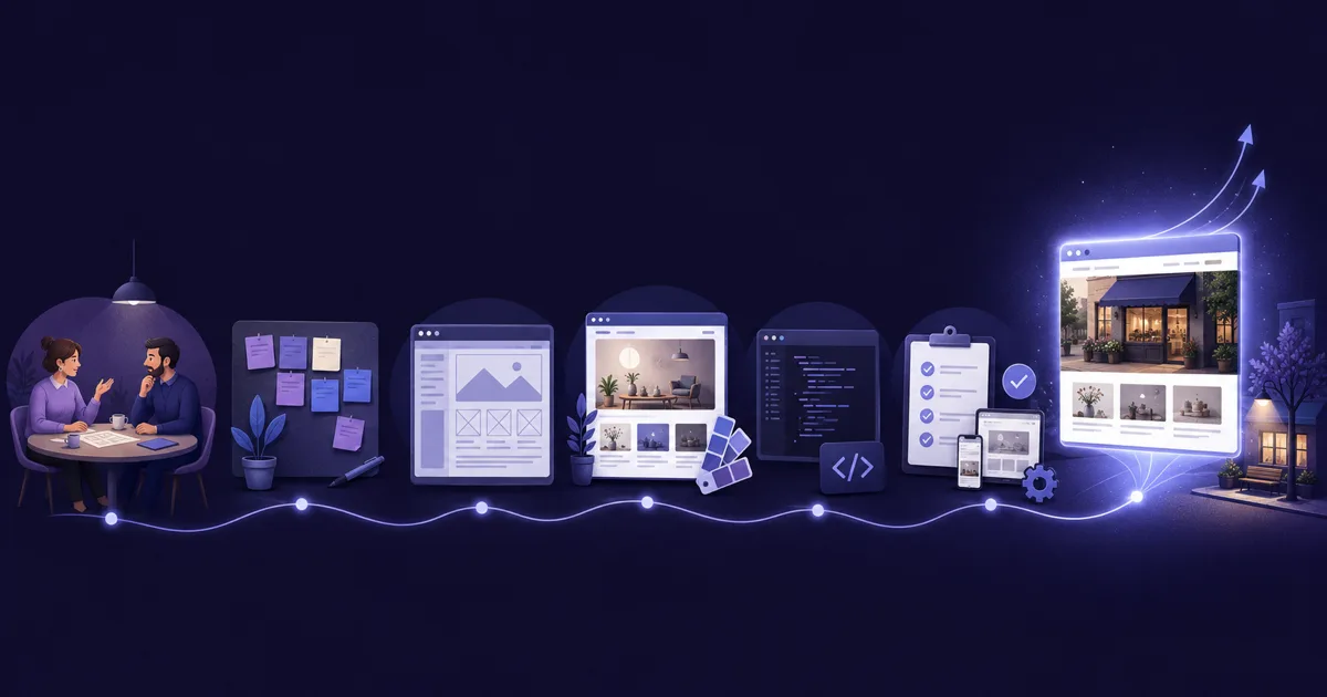 Editoriale Illustration eines klaren Website-Projektablaufs vom Briefing bis zum Go-live