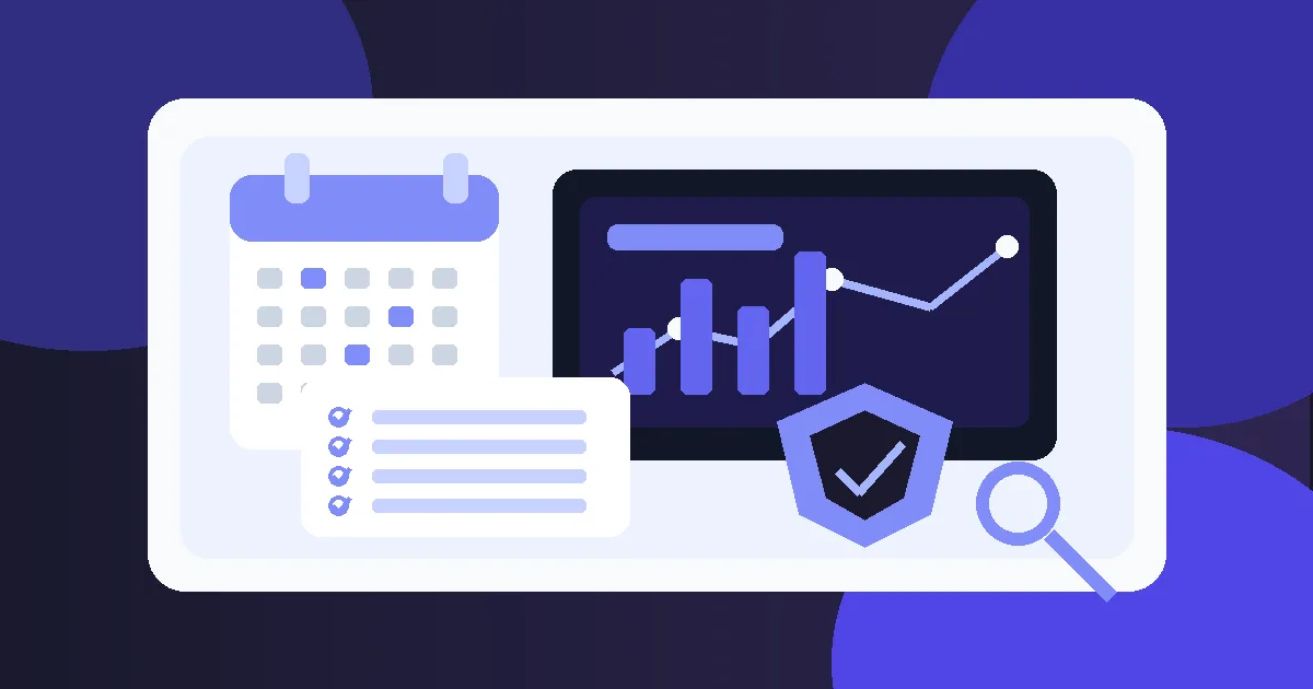 Editorial illustration of an annual website check with calendar, checklist, dashboard and security symbol